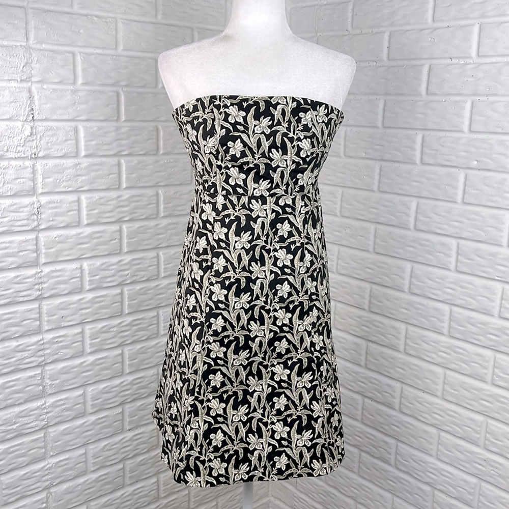 Gap Stretch Floral Strapless Dress Black Cream Fit And Flare A Line Sz 2 Cotton